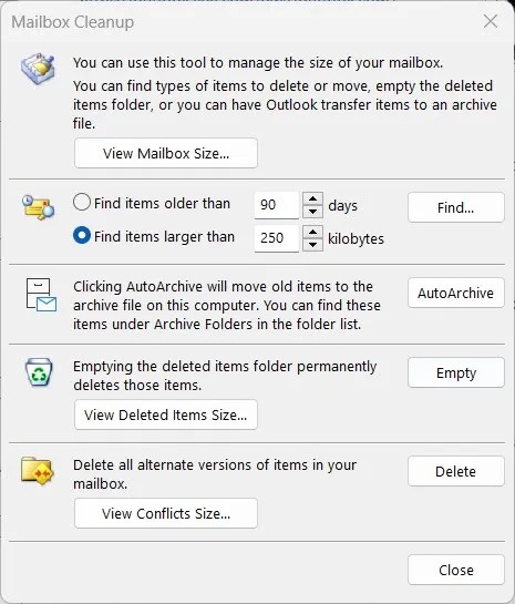Outlook&rsquo;s Mailbox Cleanup tool.