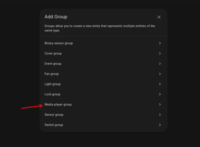 Selecting media player group in Settings.