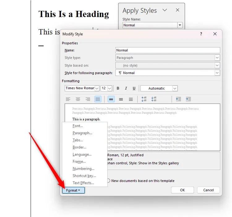 Word&rsquo;s Modify Style dialog box with the Format option selected and opened.
