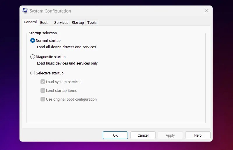 The msconfig window open on Windows 11.