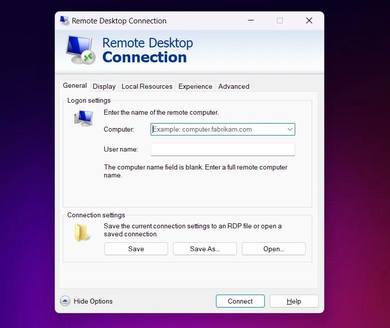 The remote desktop connections window.