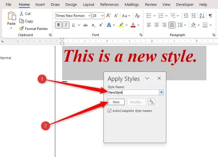Text in Microsoft Word, with the Apply Styles dialog box on top showing the new style&rsquo;s name, &lsquo;New Style,&rsquo; and the New button highlighted.