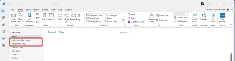 Outlook folder structure highlighting &ldquo;Important&rdquo; and &ldquo;Non-Ugent&rdquo; folders.