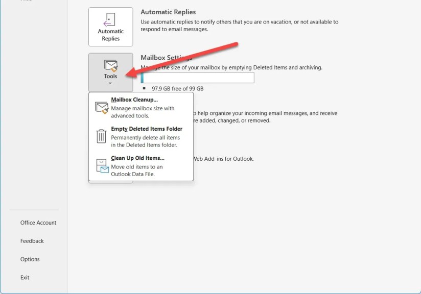 Outlook&rsquo;s Mailbox Clean Up Tools.