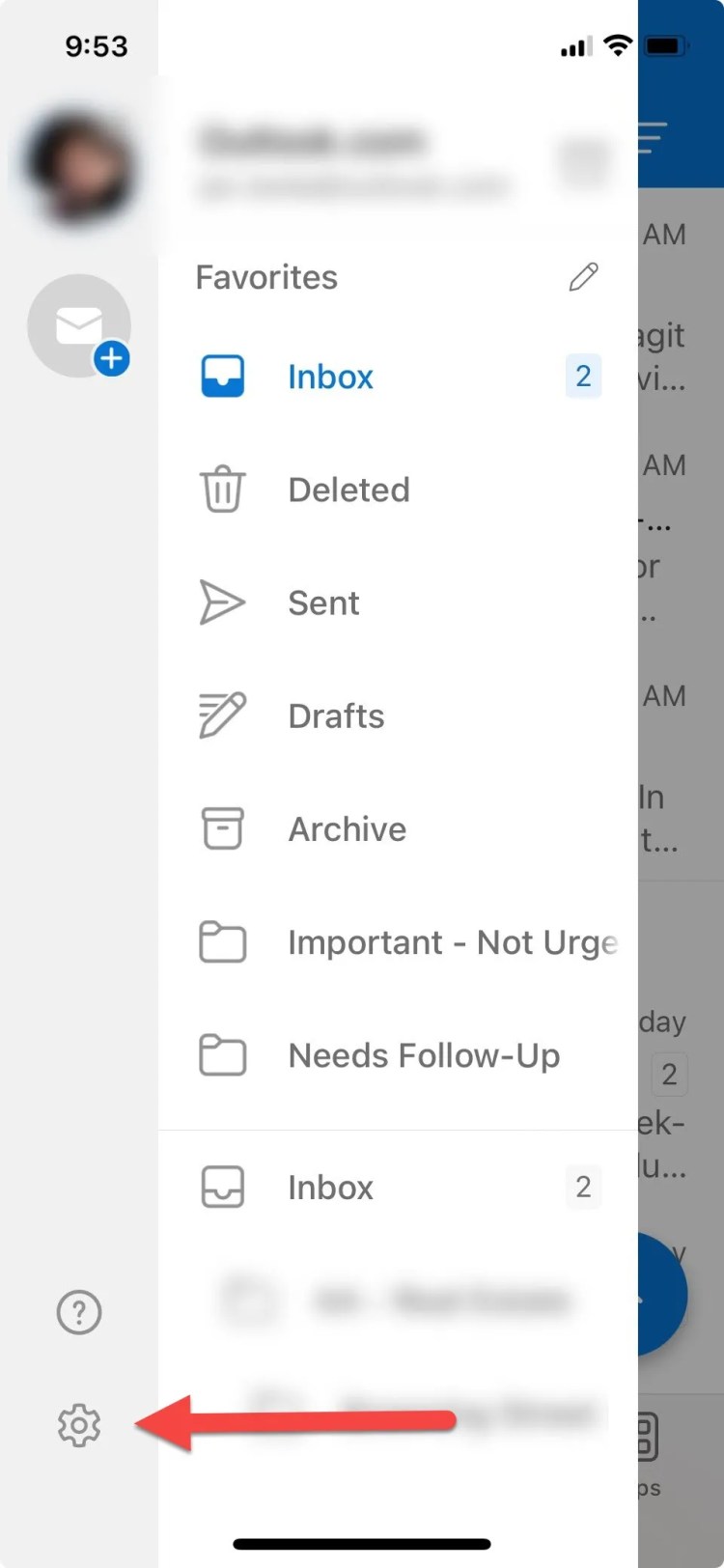 Outlook Mobile&rsquo;s Settings menu.