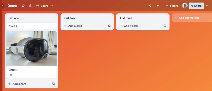 A VR headset displayed on a Trello card.