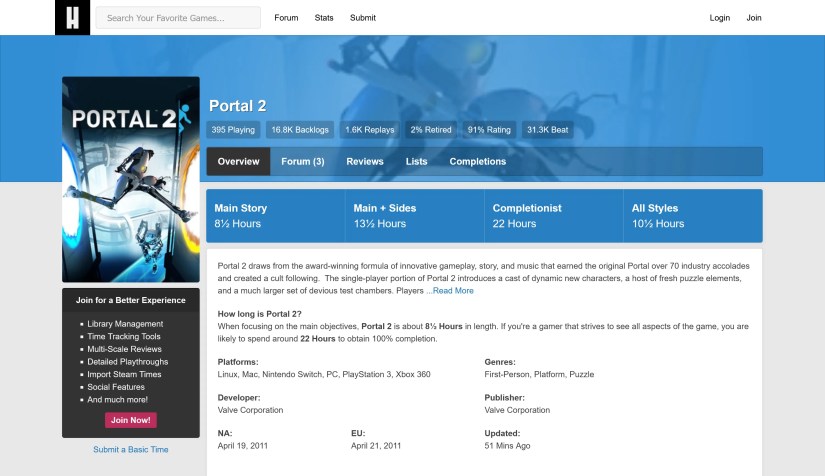 Portal 2 page on HowLongToBeat.