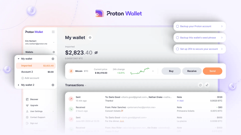Screenshot of Proton wallet on a computer.