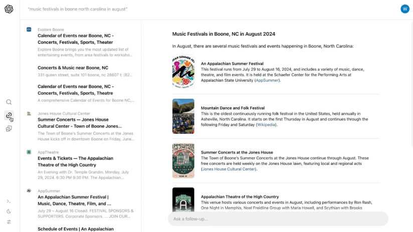 Screenshot of a search in SearchGPT.