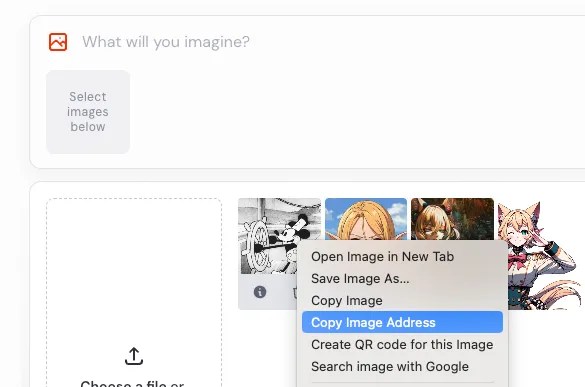 Saving an image link in the Midjourney web interface.