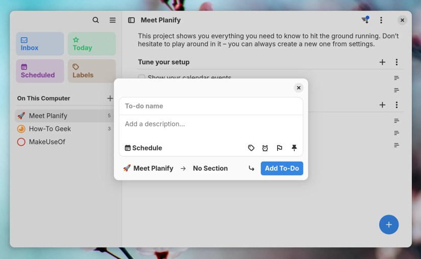 Creating a new to-do in the Planify app for Linux.