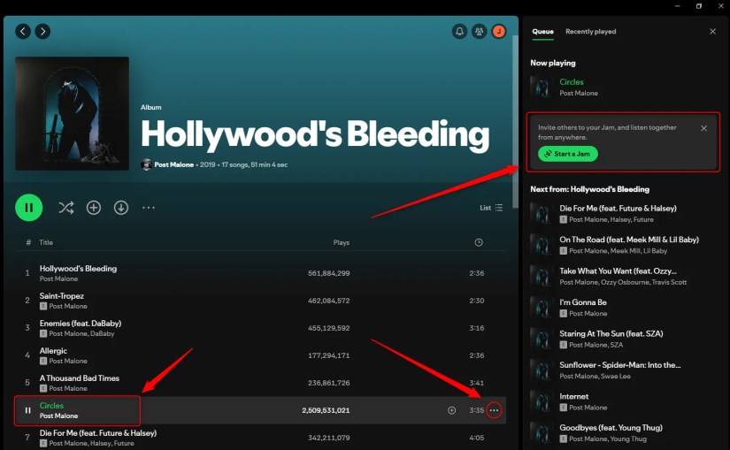 Screenshot of Spotify Start a Jam options