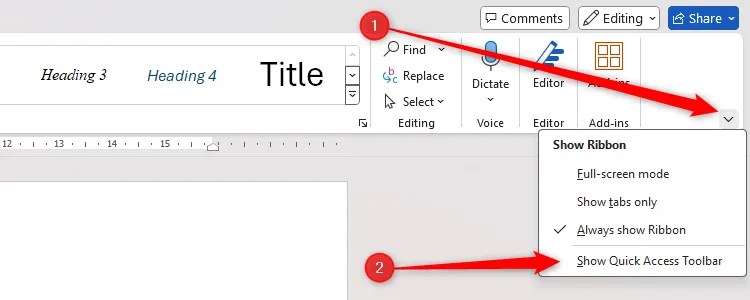 Microsoft Word&rsquo;s Show Quick Access Toolbar option.