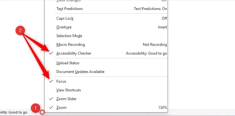 The different options available when customizing the Microsoft Word Status Bar.