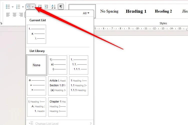 The multilevel list icon in Microsoft Word selected, with the options available displayed.
