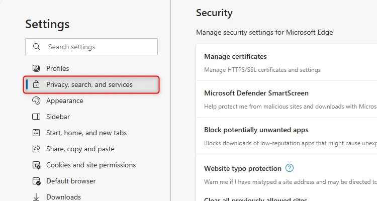 The Privacy, Search, and Services menu in Microsoft Edge&rsquo;s settings.