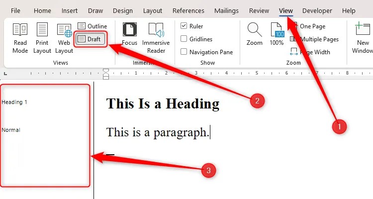 Word&rsquo;s Style Area Pane, opened via the Draft icon in the View tab on the ribbon.