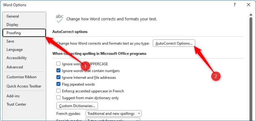 Word Options with Proofing and AutoCorrect Options selected.