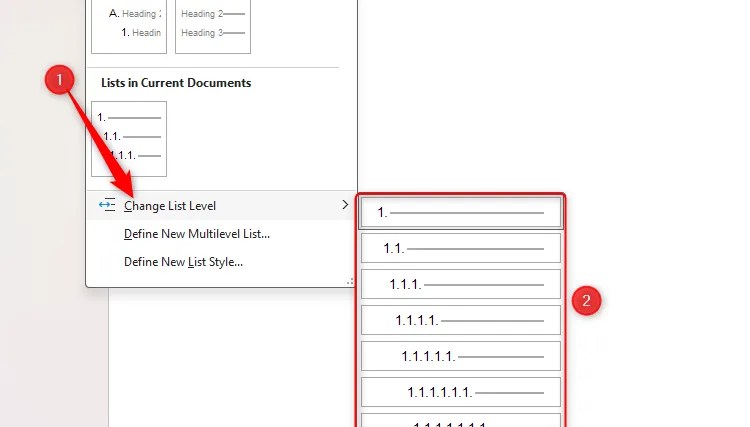 Word&rsquo;s Change List Level option in the multilevel list drop-down menu.