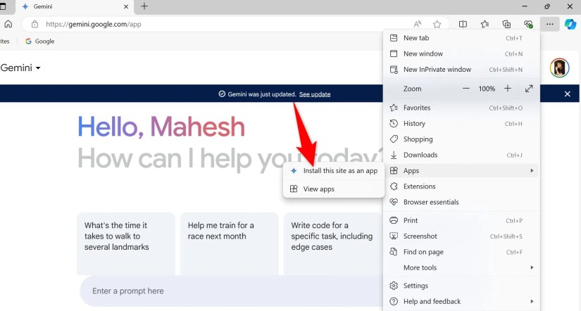 &lsquo;Install This Site as an App&rsquo; highlighted for Gemini in Edge.