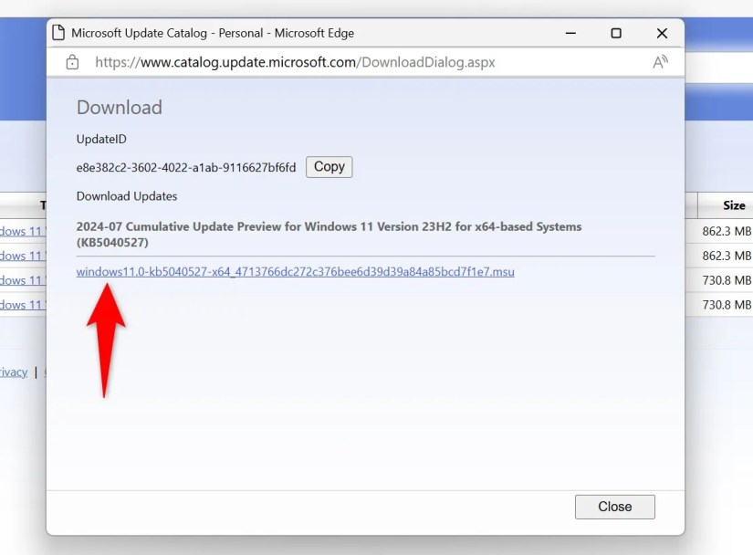 An update name highlighted on the Microsoft Update Catalog site.