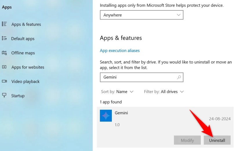 &lsquo;Uninstall&rsquo; highlighted for Gemini in Windows 10 Settings.