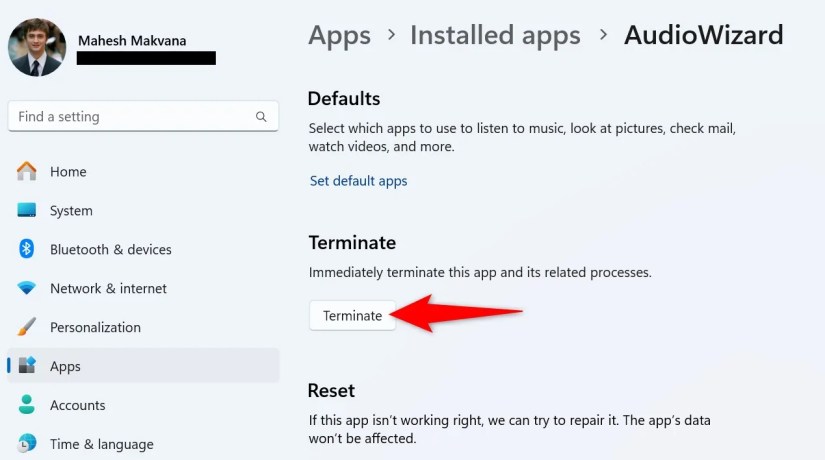 &lsquo;Terminate&rsquo; highlighted for an app in Windows 11 Settings.