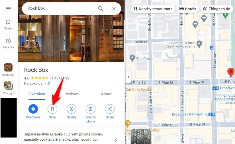 &lsquo;Save&rsquo; highlighted for a place in Google Maps for web.
