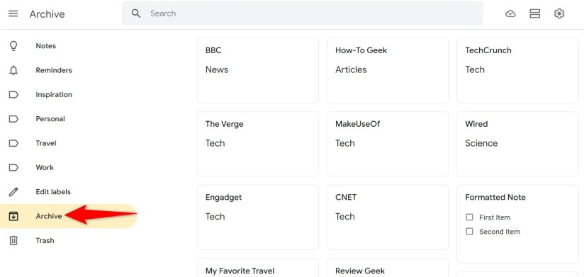 &lsquo;Archive&rsquo; highlighted on Google Keep.