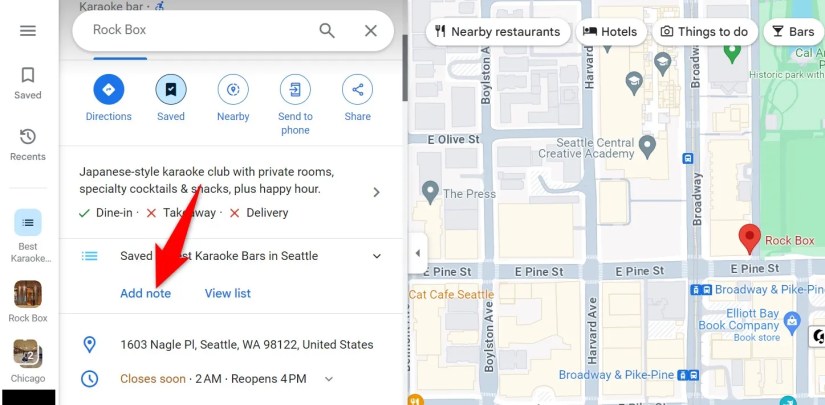 &lsquo;Add Note&rsquo; highlighted for a place in Google Maps for web.