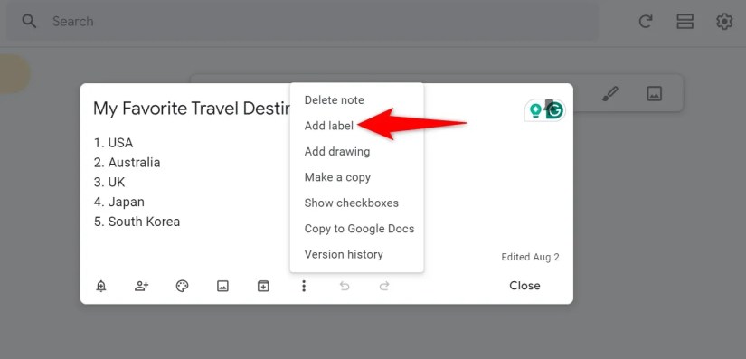 &lsquo;Add Label&rsquo; highlighted for a note on Google Keep.