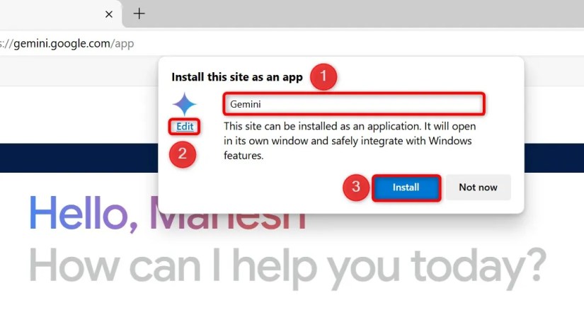 The app name field, &lsquo;Edit,&rsquo; and &lsquo;Install&rsquo; highlighted for Gemini in Edge.
