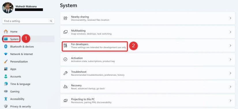 &lsquo;System&rsquo; and &lsquo;For Developers&rsquo; highlighted in Windows 11 Settings.