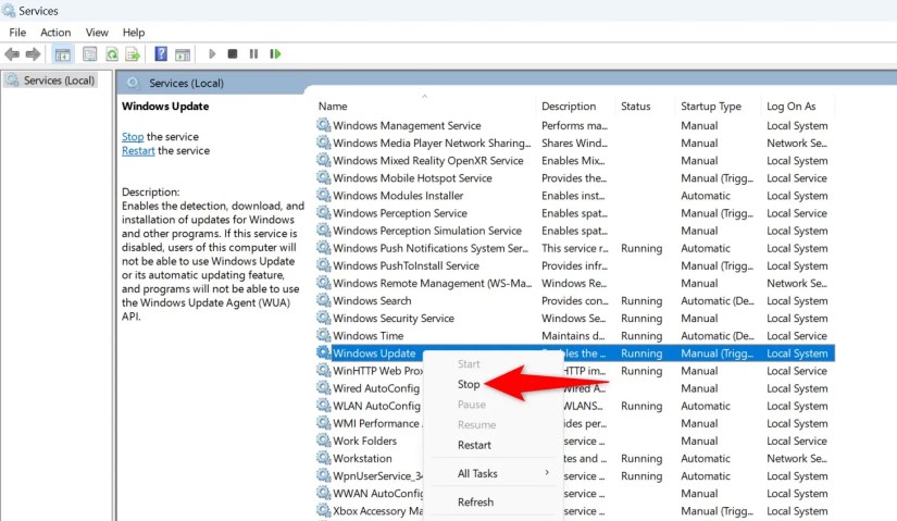 &lsquo;Stop&rsquo; selected for the Windows Update service.