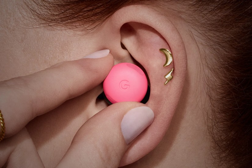 The Google Pixel Buds Pro 2 in someone&rsquo;s ear.