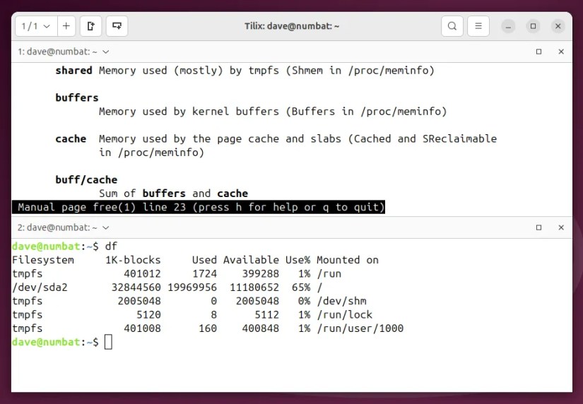 The Tilix terminal emulator with two terminal windows open.