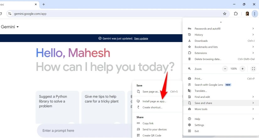 &lsquo;Install Page as App&rsquo; highlighted for Gemini in Chrome.