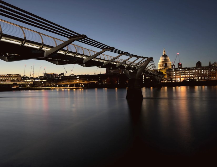 London&rsquo;s Millennium Bridge and St Paul&rsquo;s Cathedral taken in the Blue Hour after sunset