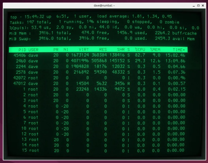 The Cool Retro Terminal configured as a green screen cathode ray tube terminal.