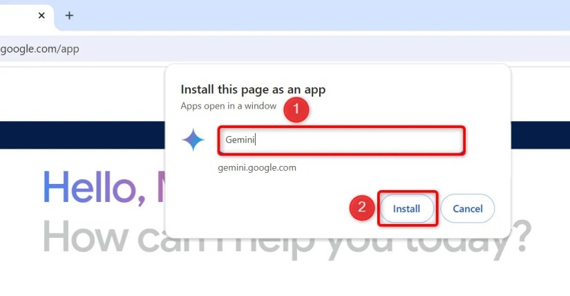 The app name field and &lsquo;Install&rsquo; highlighted for Gemini in Chrome.