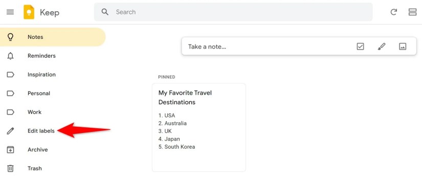 &lsquo;Edit Labels&rsquo; highlighted on Google Keep.