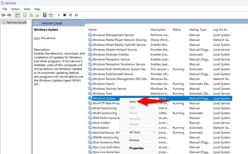 &lsquo;Start&rsquo; selected for the Windows Update service.