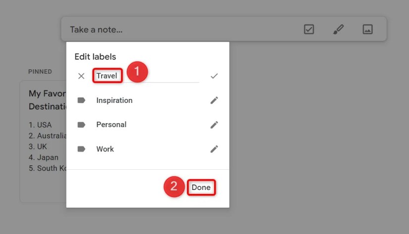 New label name and &lsquo;Done&rsquo; highlighted on Google Keep.