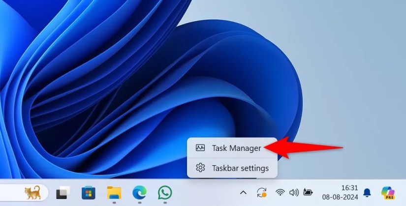 &lsquo;Task Manager&rsquo; highlighted in the Windows taskbar context menu.