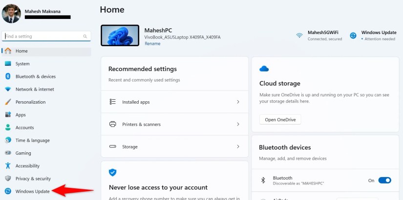 &lsquo;Windows Update&rsquo; highlighted in Settings.