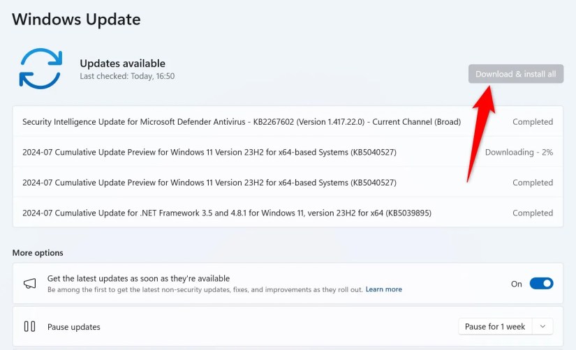 &lsquo;Download &amp; Install All&rsquo; highlighted on the Windows Update screen.