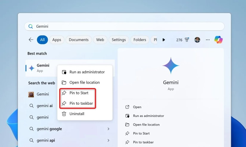 &lsquo;Pin to Start&rsquo; and &lsquo;Pin to Taskbar&rsquo; highlighted for Gemini in Windows search.