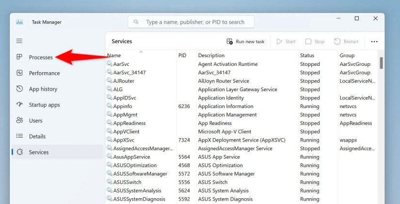 &lsquo;Processes&rsquo; highlighted in Task Manager.