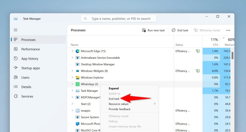 &lsquo;End Task&rsquo; highlighted for an app in Task Manager.