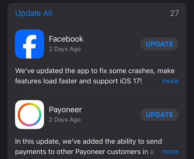 Installing all pending app updates on an iPhone.